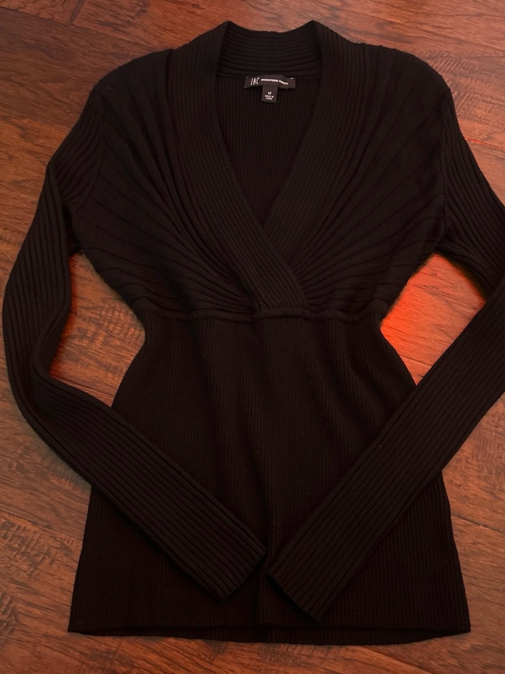 INC International Concepts Black Ribbed V-Neck Pullover